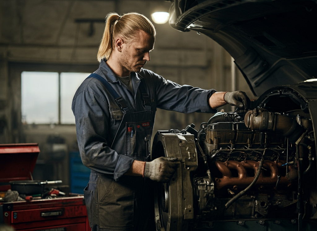 mechanic working on truck engine