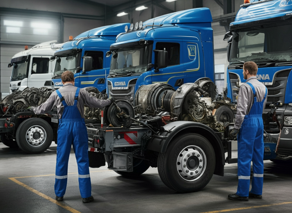 Team working on a fleet of tractor trailers